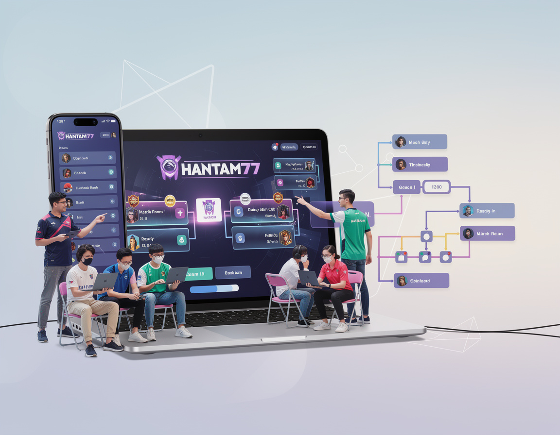 Ilustrasi alur check-in match hantam77 di turnamen game online hantam77 dengan room match dan bracket